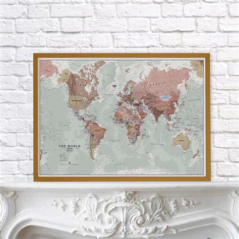 Large Executive World Wall Map Political Pinboard And Wood Frame Teak