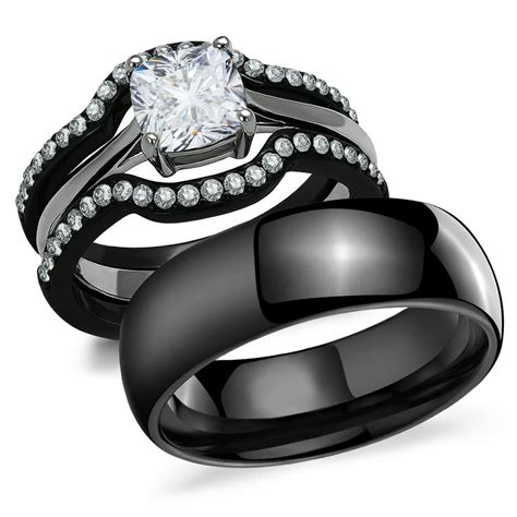 Bellux Style His And Hers Matching Wedding Rings Womens Black Stainless Steel Wedding Rings