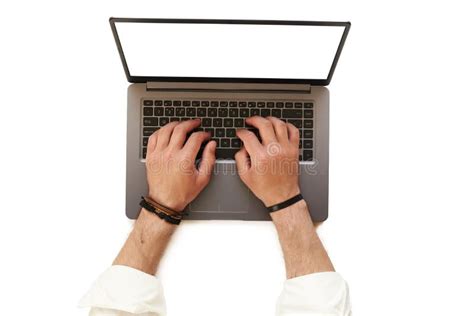 Man Typing On A Laptop On A White Background Top View Blank Computer
