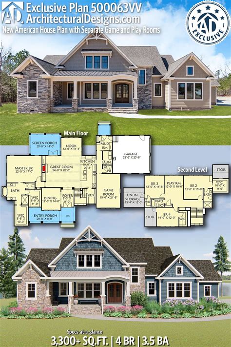 Advanced house plans offers a wide collection of plans with many different styles. Plan 500063VV: New American House Plan with Separate Game ...