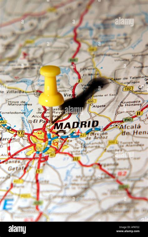 Map Pin Pointing To Madrid On A Road Map Stock Photo Alamy