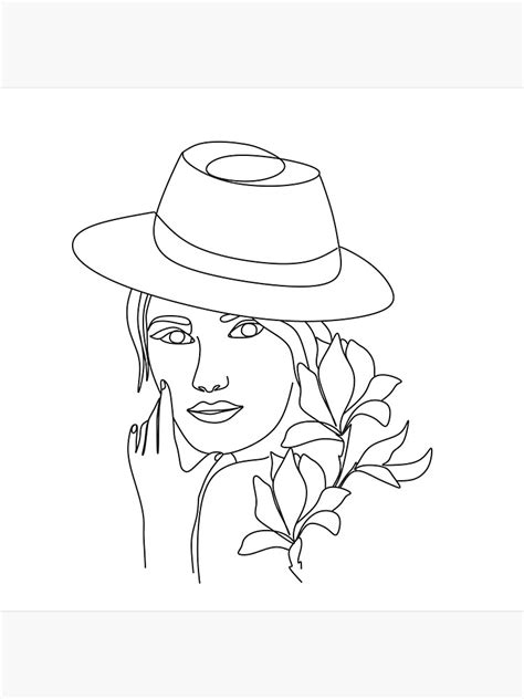 Abstract Woman With Hat With By Line Art Drawingmagnolia Flowers