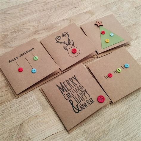 Pack Of 5 Cute Handmade Christmas Cards With Buttons Etsy Uk Christmas Cards Handmade