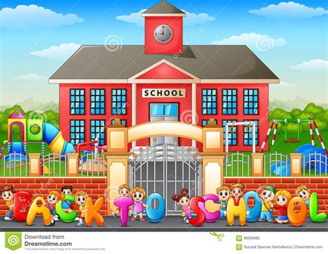 Happy School Children Standing In Front Of School Building Cartoon