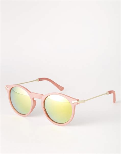 Asos Skinny Round Sunglasses With Metal Arms And Flash Lens In Pink Lyst