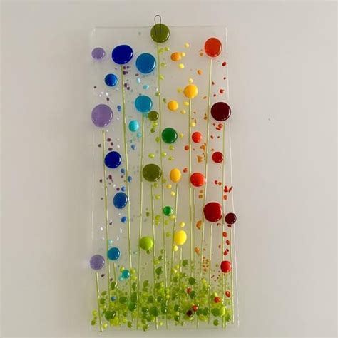 Fused Glass Suncatcher Wall Hanging With Rainbow Flowers Glass Fusion Ideas Fused Glass Wall