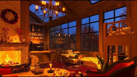 Autumn Cozy Cabin With Relaxing Rain Sounds And Crackling Fireplace
