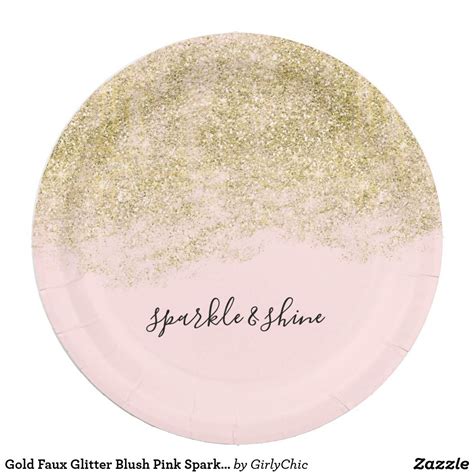 Gold Faux Glitter Blush Pink Sparkle Paper Plate Pink Sparkle Paper