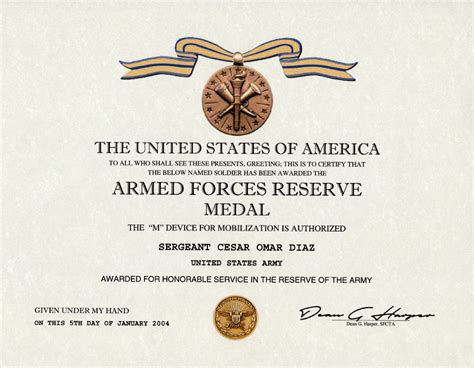 Armed Forces Reserve Medal Certificate