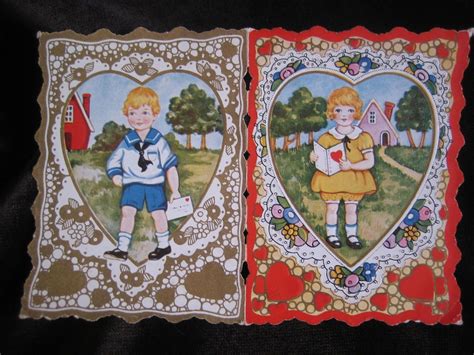 Vintage Double Sided 1930s Valentine Card Children Hearts Signed