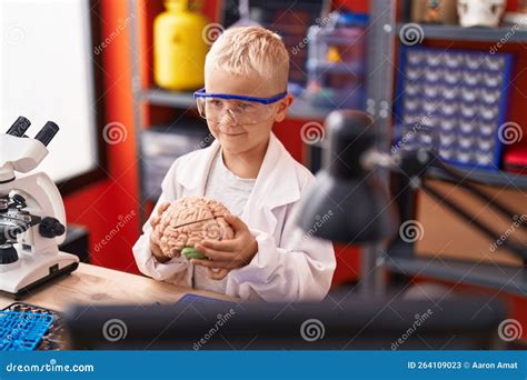 Adorable Toddler Scientist Smiling Confident Holding Brain At Classroom