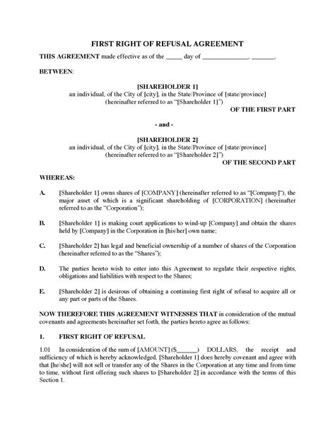 Right Of First Refusal Agreement Template