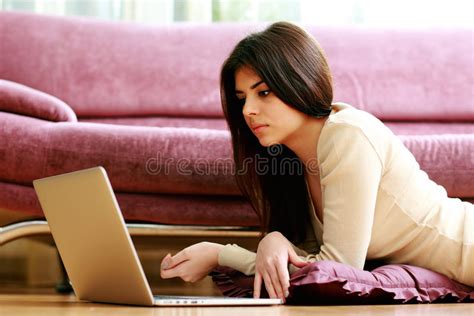 Young Beautiful Woman Lying On The Floor With Laptop Stock Image Image Of Human Elegant 36714033