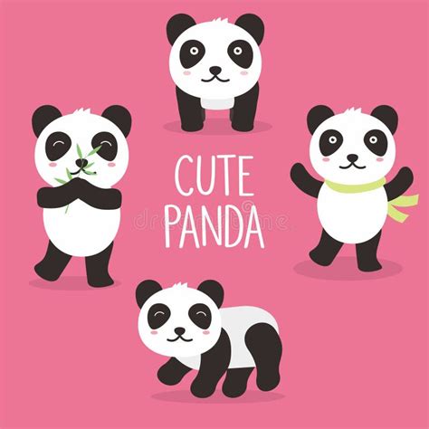 Set Of Cute Panda Vector Isolated On Pink Background Stock Vector