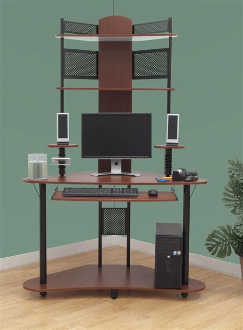 Cherry Corner Computer Desk Tower With Hutch Shelves Wood And Metal Arch Ebay