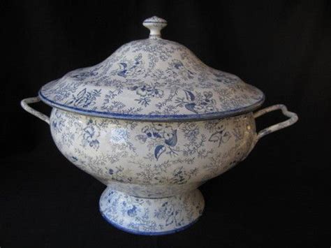Primitive 19th Century French Enamelware Footed Soup Tureen Blue Floral