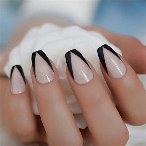 Black V Cut Nude French Press On Nails Coffin Nails Black And Etsy Canada
