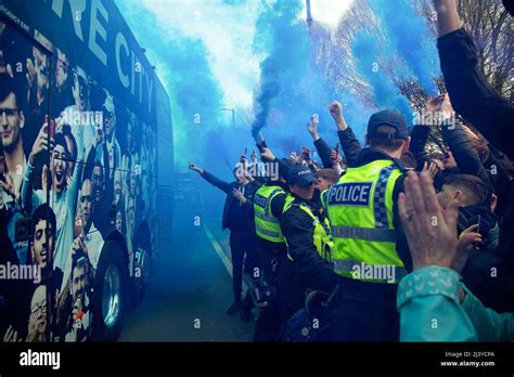 Manchester Uk 10th Apr 2022 Fans Erupt In Cheers And Set Off Smoke Flares As The Team Coach
