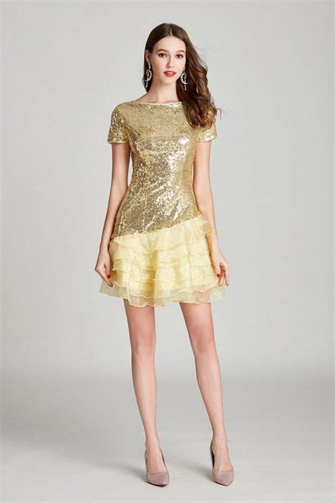 Modest Short Sequined Organza Gold Prom Dress Sparkly For Woman 53
