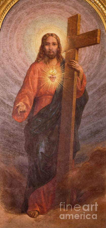 The Painting Of Sacred Heart Of Reserrected Jesus With The Cross