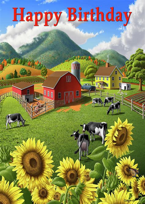 Happy Birthday Greeting Card Sunflowers Cows Farm Animals Landscape