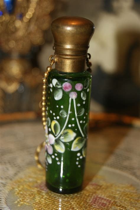 antique green glass and enamel chatelaine perfume scent bottle finger ring moser chatelaine