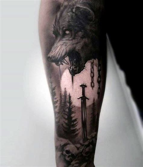 With many meanings, some men choose a wolf tattoo because it symbolizes power, strength, freedom, and raw animal instinct as an alpha wolf, while others love wolf tattoo designs for their representation of family, unity, and loyalty via the wolf pack. Wolf With Moon And Sword Mens Great Sleeve Tattoo Ideas ...