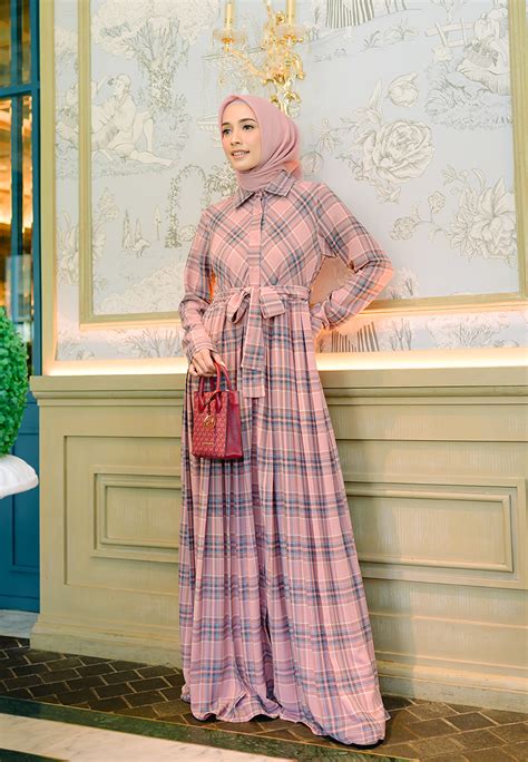 Gianna Dress Tartan Gamis Pakaian Muslim Wanita Katun Rayon Dusty Pink Shafira