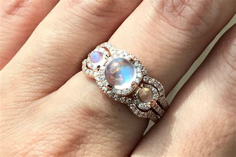Vintage Moonstone Engagement Ring Set Three Stone Rainbow Moonstone Bridal Ring Set Halo