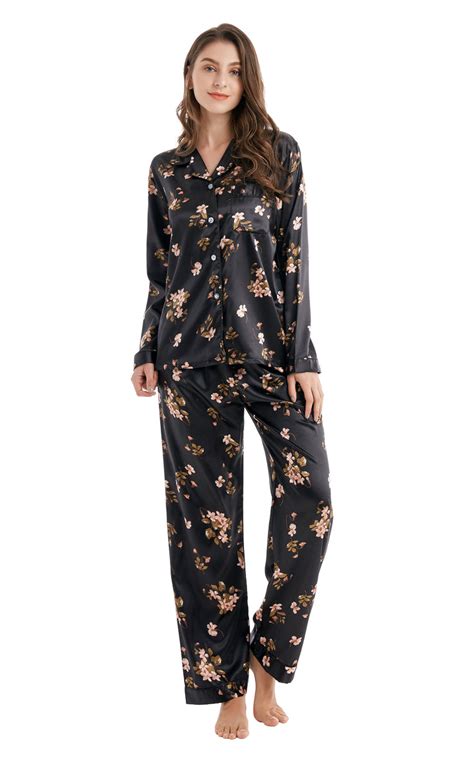 Womens Silk Satin Pajama Set Long Sleeve Black Floral Print Tony