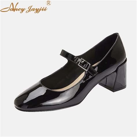 Mary Janes Female Shoes Woman Pupms Patent Leather Black Solid Med