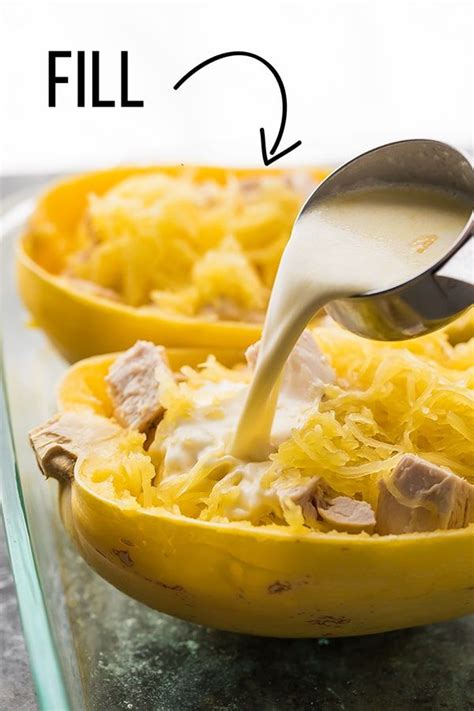 Easy baked spaghetti squash recipe with butter cooked chicken, parmesan, and fresh lemon. Lemon Chicken Spaghetti Squash (Prep Ahead) | Recipe ...