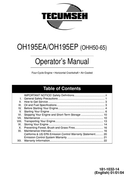 Tecumseh Oh195ea Operators Manual Pdf Download Manualslib