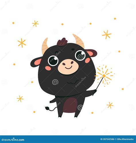 Cute Cartoon Ox Holds A Sparklerhappy New Year Stock Vector