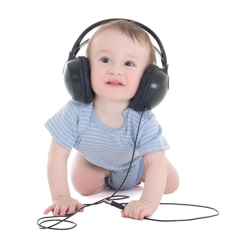 Vista Lateral Del Bebé Niño Pequeño Escuchando Música Con Auriculares