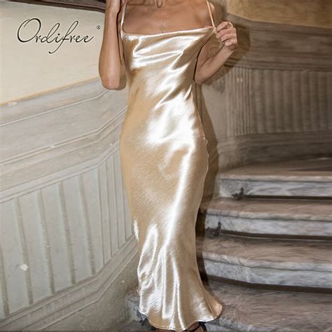 Ordifree 2019 Summer Women Satin Slip Dress Spaghetti Strap Sexy Backless Maxi Dress Gold Silk