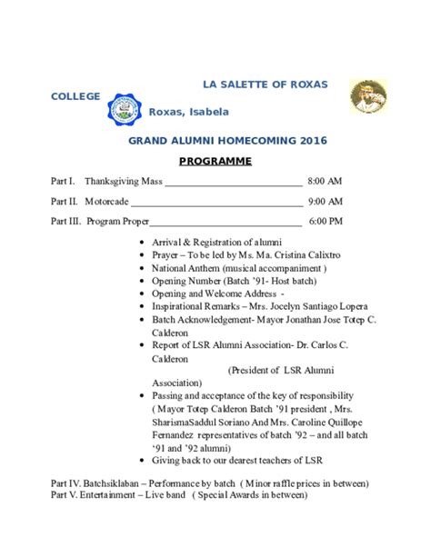 Doc Sample Alumni Homecoming Program Divine Grace Samortin