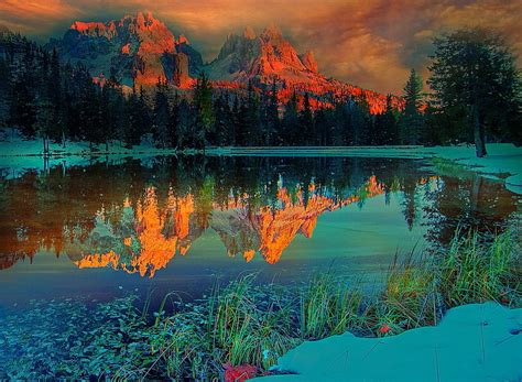 Hd Wallpaper Winter Forest Snow Sunset Mountains Lake Reflection