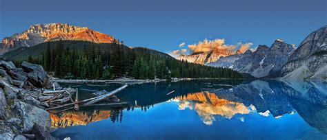 Moraine Lake Sunset Summer Lake Canada Mountain Water Forest Cliff