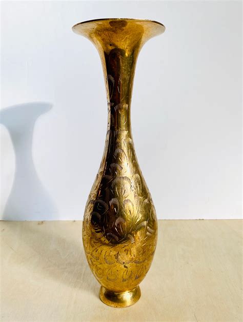Vintage Etched Brass Vase Made In India