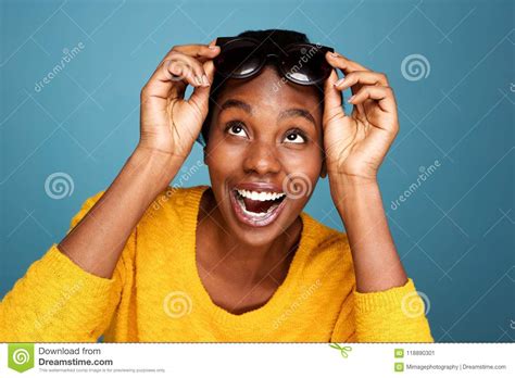 Beautiful Black Woman In Sunglasses Smiling By Blue Wall Stock Image Image Of Looking Lady