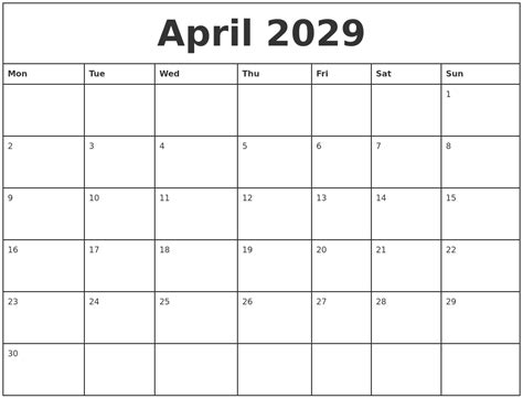April 2029 Printable Monthly Calendar