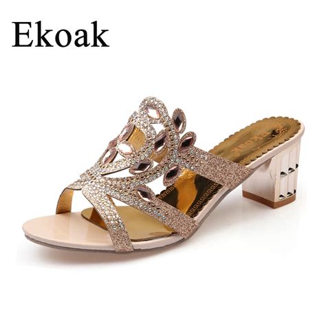 Ekoak New Summer Fashion Flower Rhinestone Cut Outs Women High Heel