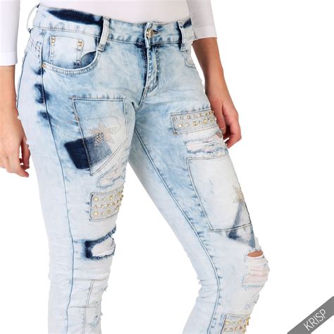 Womens Fashion Bling Ripped Frayed Faded Denim Slim Fit Skinny Jeans