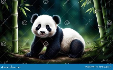 In a Dimly Lit Bamboo Forest Clearing, a Cute Baby Panda Gazes at the