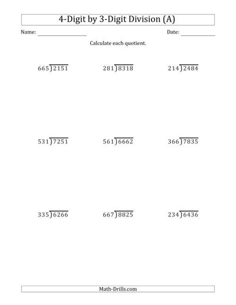 Dividing 3 And 4 Digit Numbers Worksheet