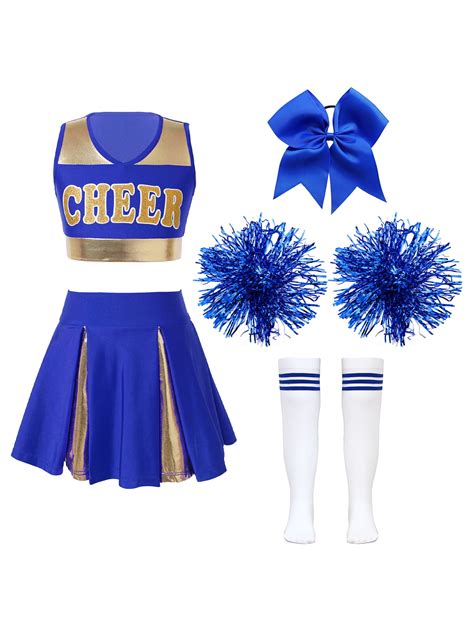 MSemis Kids Girls Cheerleader Outfits Cropped Tops Mini Skirt with Pom