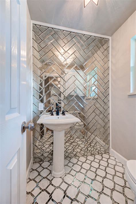 Silver Mirror Glass Subway Tile Herringbone Layout Tile Accent Wall Bathroom Bathroom Accent