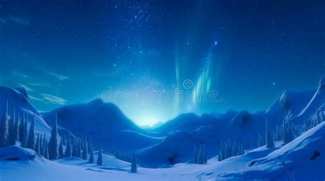 Aurora Borealis Green Northern Lights Above Mountains Night Sky With