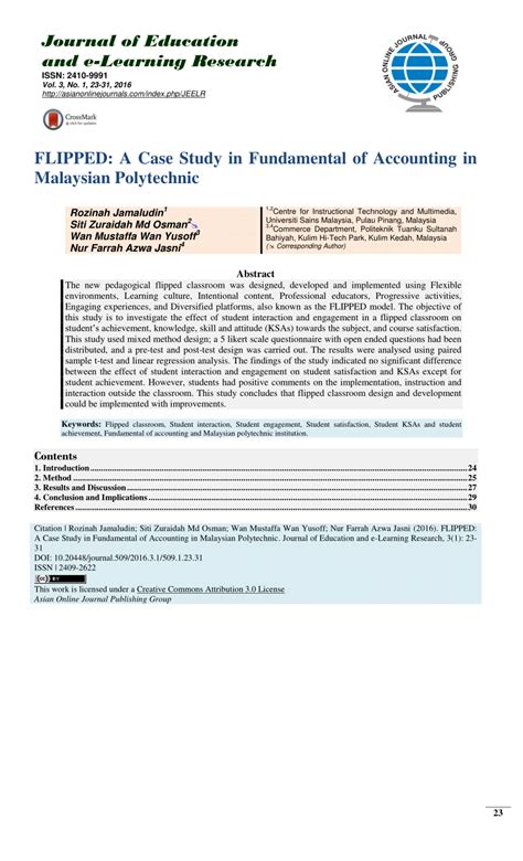 The papers may represent a variety of theoretical perspectives and different methodological approaches. (PDF) Journal of Education and e-Learning Research FLIPPED ...